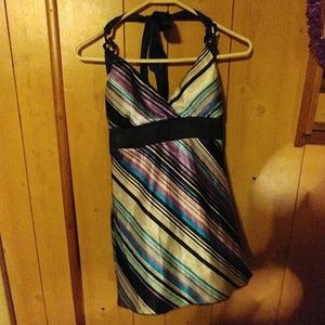Purple, black, plus other colors striped diagonall